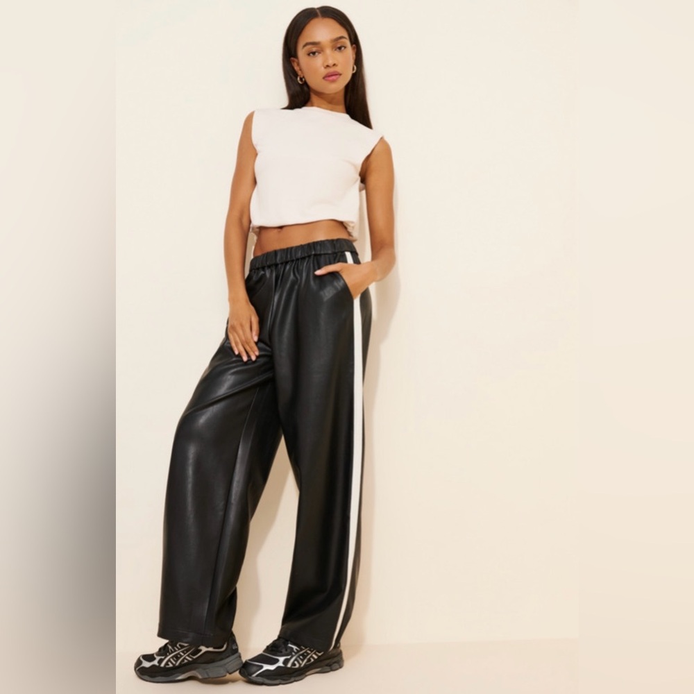 Maeve Black Vegan Leather Wide Leg White Side Stripe Pull On Pants Size XS